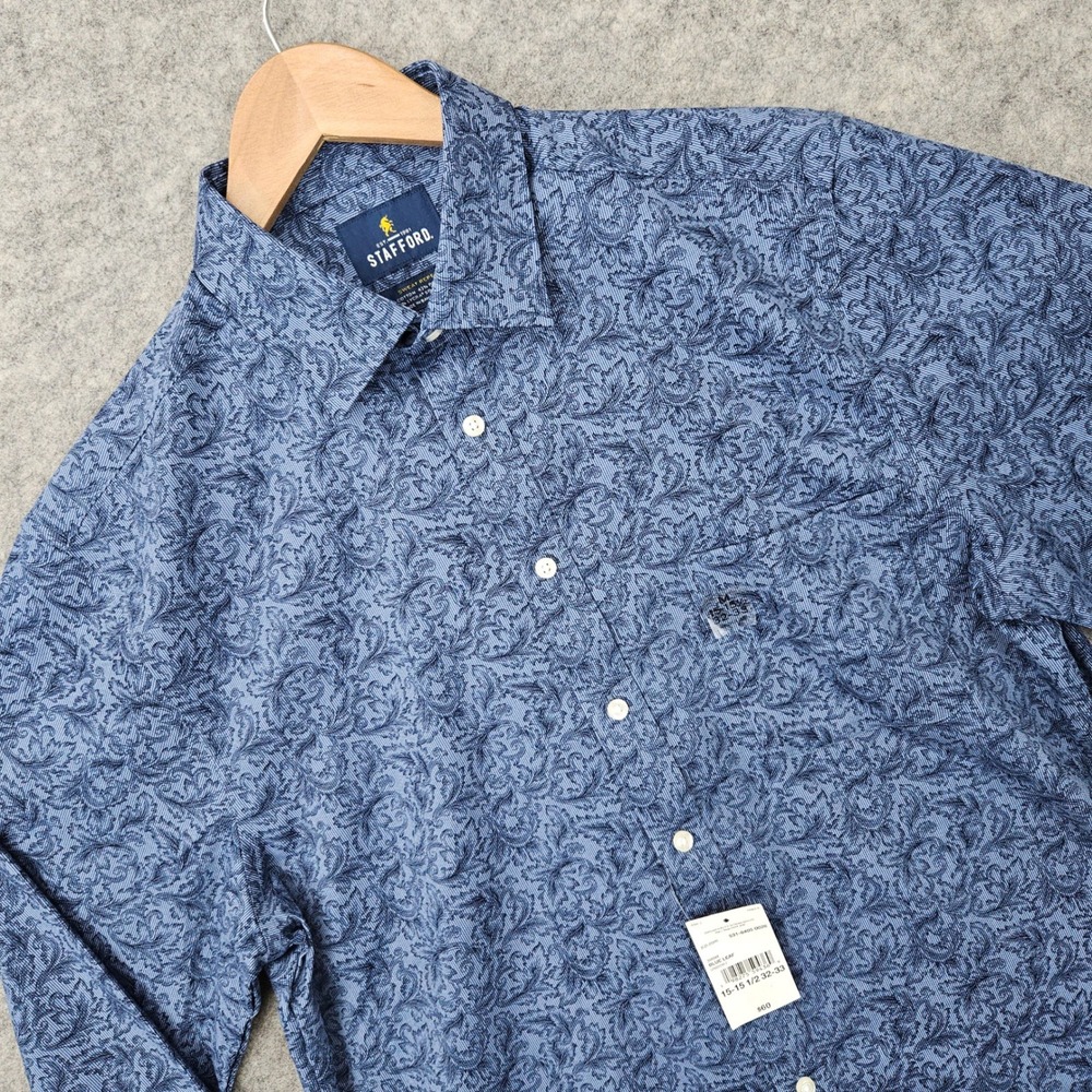 NEW Stafford Button Down‎ Shirt Men's Blue M 15-15.5 32-33 Floral Leaf Paisley
